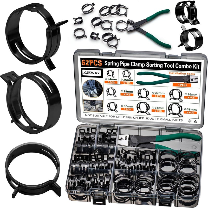 AskWay Automotive spring hose clamps 24-38 mm, 62 pcs fuel coolant pipe clamp tools in 8 sizes, used to fix hose interfaces in automotive, marine, gardening, and industrial applications - Image 1